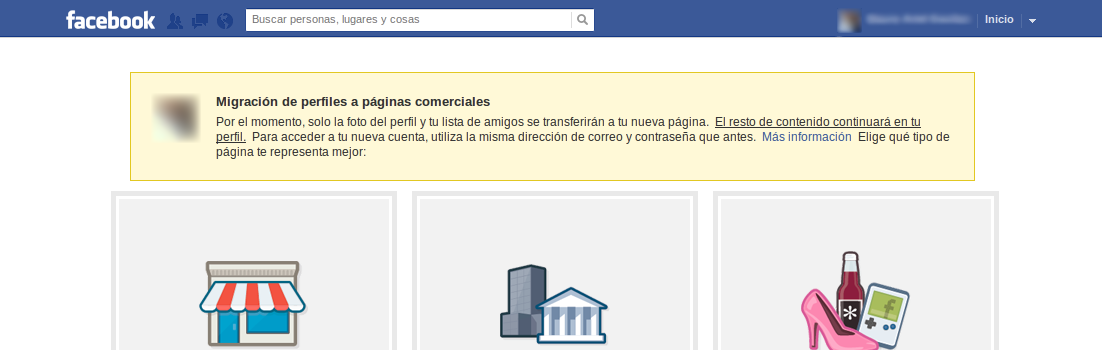 Migracion a pagina comercial de Facebook